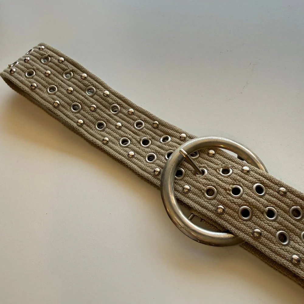 Womens Tan Canvas Grommet Studded Belt Silver Round Buckle Wide Utility Y2K